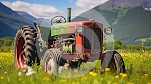 Vintage Tractor Amidst the Meadows. Generative AI