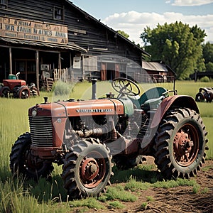 Vintage Tractor in the field. Photo in old color image style. generative ai