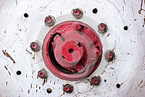 Vintage tractor large white steel wheel central hub and red bolts frontal view close up shot