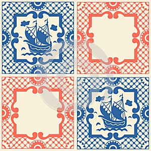 Vintage traditional ceramic mosaic with sailboat floating on waves, pattern with ship in Style of Dutch tiles Style.