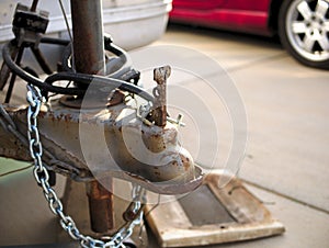 Vintage trailer close up of tow hitch and chains.
