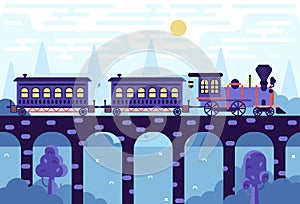 Vintage train on the bridge - vector cartoon illustration in flat stile