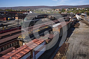 Vintage train cars and locomotives in the Rust-Belt