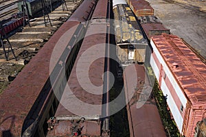 Vintage train cars and locomotives in the Rust-Belt