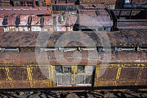 Vintage train cars and locomotives in the Rust-Belt