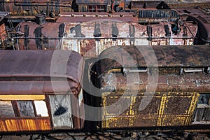 Vintage train cars and locomotives in the Rust-Belt