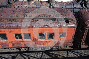 Vintage train cars and locomotives in the Rust-Belt