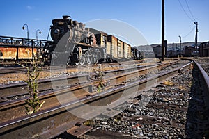 Vintage train cars and locomotives in the Rust-Belt