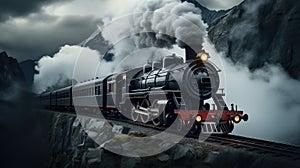 A vintage train emitting white smoke with a backdrop of mountains