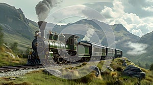 Vintage train journey across serene landscapes, perfect for travel themes. tranquil, nostalgic, idyllic setting. classic