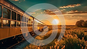 Vintage Train Ride Through the Countryside at Sunset