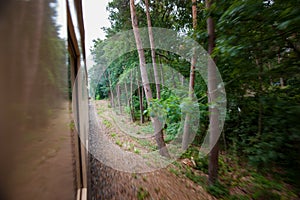 Vintage train riding fast along forests with dynamic exposure effect