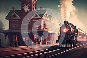 vintage train station, with locomotive and passenger carriages, speeding past the camera