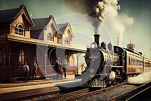 vintage train station, with locomotive and passenger carriages, speeding past the camera