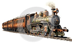 Vintage train with steam engine isolated on white, illustration generated by AI