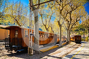 Vintage train stops at the station in Soller