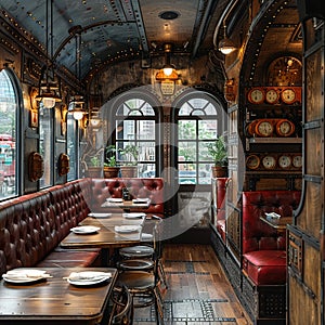 Vintage train-themed restaurant with booth seating in old carriages