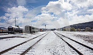 Vintage train wagons at Williams Arizona train station. US