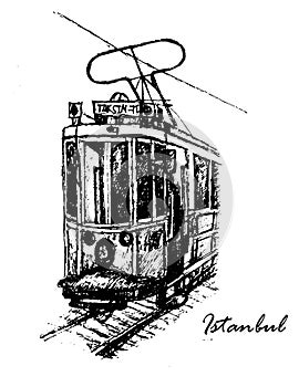 Vintage tram Taksim-TÃÂ¼nel on Istiklal Street in Istanbul, sketch illustration photo