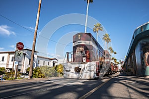 Vintage tram with text moving on track at Santa Cruz Beach Boardwalk