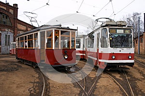 Vintage trams in depot