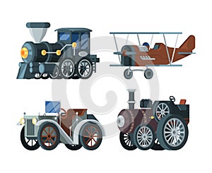 Vintage transport. Old retro passenger cars locomotive trucks carriage train airplanes garish vector flat vehicles