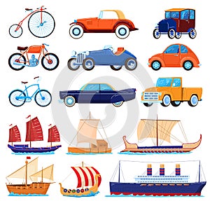 Vintage transport vector illustrations, cartoon flat transporting classic set of retro american sport cars, old bicycle