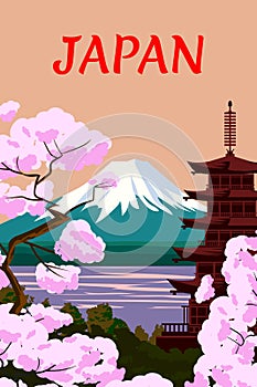 Vintage travel poster Japan pagoda, blossom Sakura cherry