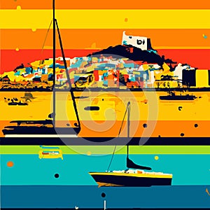 Vintage Travel Poster Poster Of Ibiza With City, Beach And Boats In Orange And Blue Colors