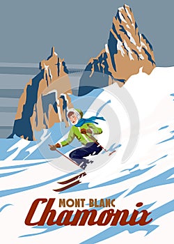 Vintage Travel poster Ski Chamonix resort. France winter landscape travel card