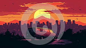 Vintage Travel Poster Van Overlooking Dusky Inner-city At Sunset