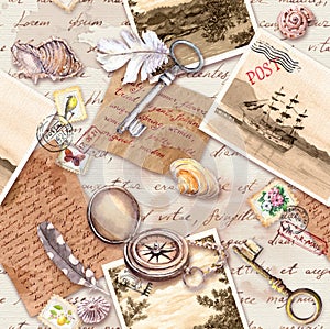 Vintage travel seamless pattern. Aged paper, compass, hand written letters, old keys, stamps, seals, shells. Letters