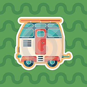 Vintage travel trailer sticker flat icon with color background.