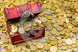 Vintage treasure chest full of gold coins on background of golden coins