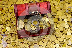 Vintage treasure chest full of gold coins on background of golden coins