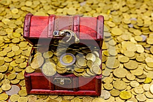 Vintage treasure chest full of gold coins on background of golden coins