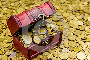 Vintage treasure chest full of gold coins on background of golden coins