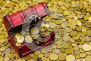 Vintage treasure chest full of gold coins on background of golden coins