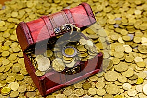 Vintage treasure chest full of gold coins on background of golden coins