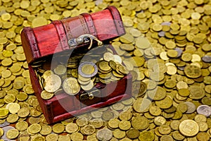 Vintage treasure chest full of gold coins on background of golden coins