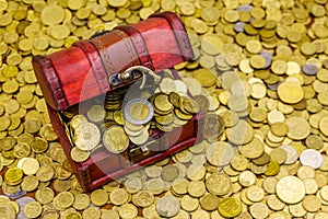 Vintage treasure chest full of gold coins on background of golden coins