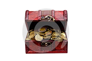 Vintage treasure chest full of golden coins isolated on white background