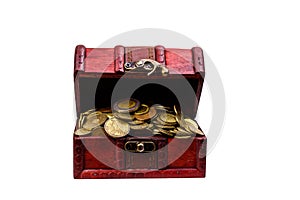 Vintage treasure chest full of golden coins isolated on white background