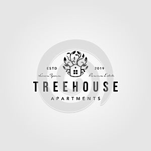 Vintage tree house logo nature vector illustration design