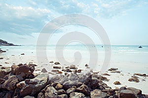 Vintage tropical coast seascape in summer. Landscape of seaside.