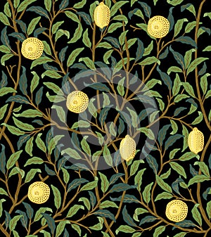 Vintage tropical fruit seamless pattern on dark background. Lemons in foliage. Middle ages William Morris style. Vector