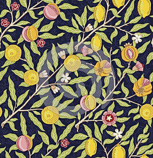 Vintage tropical fruit seamless pattern on dark blue background. Middle ages William Morris style. Vector illustration