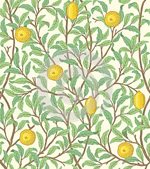 Vintage tropical fruit seamless pattern on light background. Lemons in foliage. Middle ages William Morris style. Vector