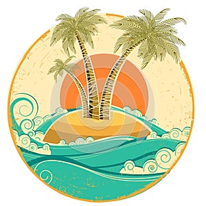 VIntage tropical island. Vector symbol seascape wit