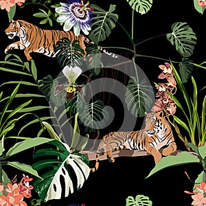 Vintage tropical tree, palm tree,  tiger animal and flowers, floral seamless patternn on black background.